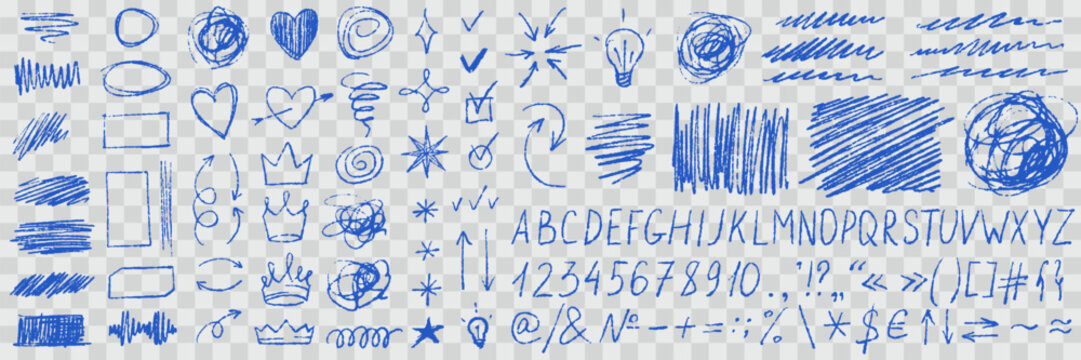 Messy pen scribble pack. White pencil doodles, lines, handwriting letters, childish numbers and typography icons. Pack of free hand symbols for graphic designs. Vector illustration, fake transparency