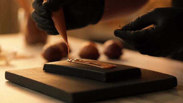 Luxury Artisan Chocolatier Decorating Handmade Dark Chocolate with Orange Cocoa Butter for Premium Seasonal Confectionery Advertising, Gourmet Marketing and  Food Production