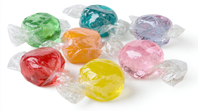 Colorful Wrapped Candies Isolated on White Background | Assorted Sweets in Transparent Cellophane Wrappers