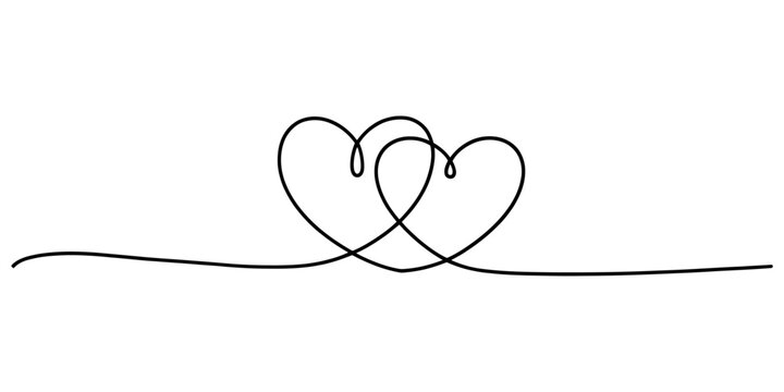 Two connected hearts drawn with a single continuous black line Vector, illustration