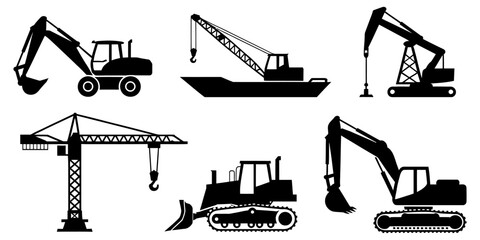 Set of black silhouette construction machinery icons including excavators bulldozers and cranes for building site projects isolated on a white background Vector, illustration © Coloring Pages Line 