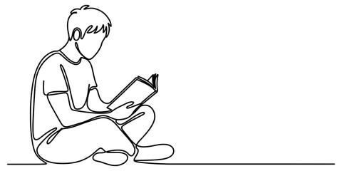 Young man sitting on the floor reading a book drawn with a single continuous line style Vector, illustration