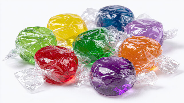 Colorful Wrapped Candies Isolated on White Background | Assorted Sweets in Transparent Cellophane Wrappers