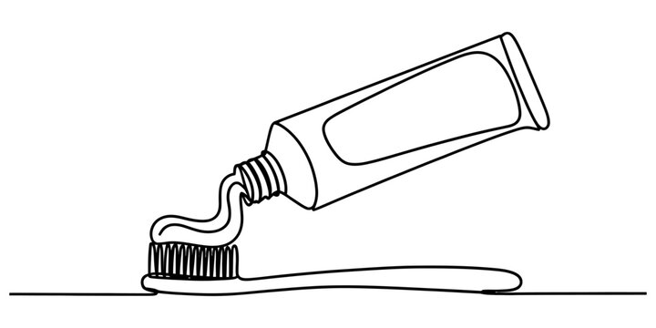 Black and white line art drawing of a toothpaste tube squeezing paste onto a toothbrush for dental hygiene care and daily teeth cleaning routine Vector, illustration