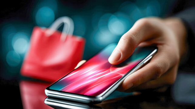 Hand using a smartphone for online shopping with red motion graphics and a blurred shopping bag, mobile ecommerce and digital payment concept