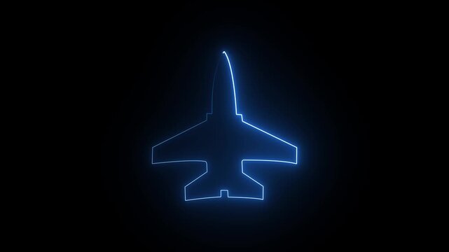 Blue neon Plane landing on airport animation, Airplane take off at dusk 4k animation video . jet plane missile isolated on black background.