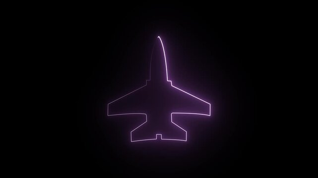 Neon Plane landing on airport animation, Airplane take off at dusk 4k animation video . jet plane missile isolated on black background.