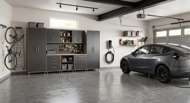 A modern garage interior with an electric vehicle charging, gray cabinets, tools, bicycle, and shelving units