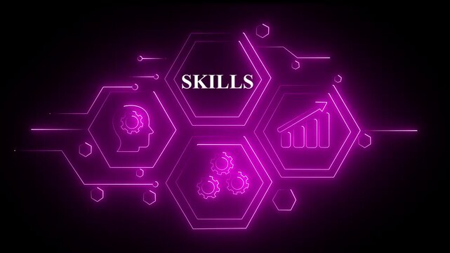 Abstract pink neon Hud knowledge ability business gear icon Glowing neon line concept. Glowing "SKILLS" button in German on a futuristic, abstract wave technology animation on black background ...