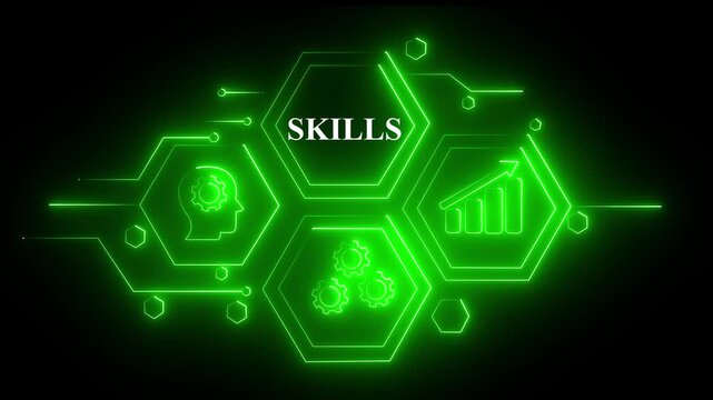 Abstract green neon Hud knowledge ability business gear icon Glowing neon line concept. Glowing "SKILLS" button in German on a futuristic, abstract wave technology animation on black background ...