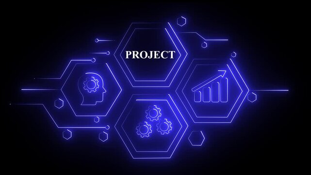 Abstract blue neon Hud knowledge ability business gear icon Glowing neon line concept. Glowing "PROJECT" button in German on a futuristic, abstract wave technology 4K video on black background ...