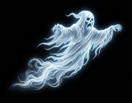 Spooky ethereal glowing ghost apparition floating on a solid black background