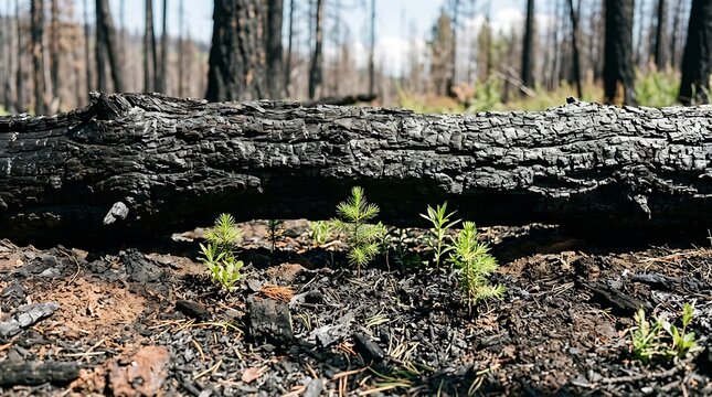 Small green pine seedlings growing near a fallen tree log