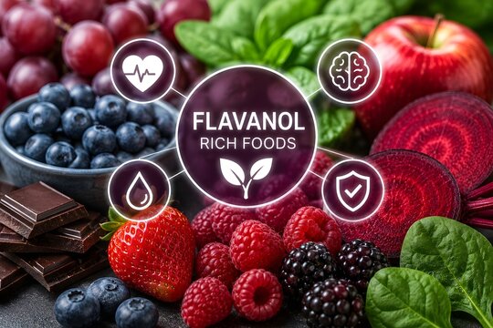 A vibrant arrangement of flavanol-rich foods, symbolizing health and wellness.