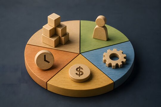 A circular diagram with icons representing business concept, time, money, growth, and people.