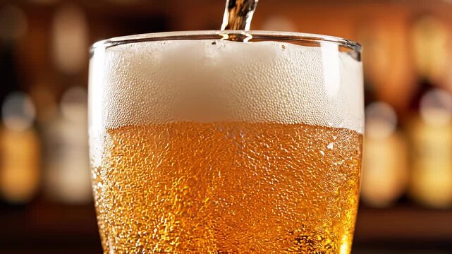 Close-up of cold light beer pouring into glass creating thick white foam and bubbles against blurred bar background, concept of refreshing alcohol drink