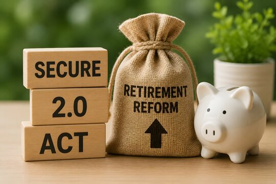 Wooden blocks spelling SECURE 2.0 ACT next to a burlap sack labeled RETIREMENT REFORM and a piggy bank, symbolizing financial planning and saving for the future.