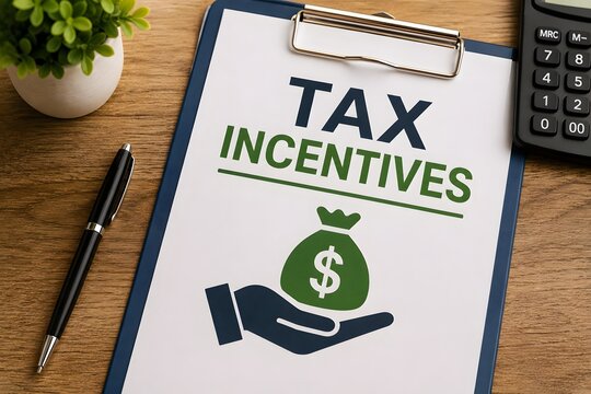 A clipboard shows tax incentives, with a hand holding a money bag illustration and a calculator nearby, suggesting financial planning and investment.