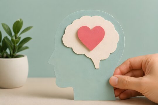 A paper cut-out of a human head silhouette with a brain and heart symbol inside, representing mental health and well-being.