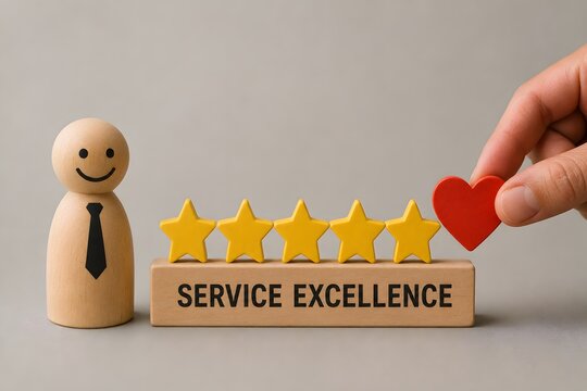 A customer satisfaction concept with a wooden figure and a five-star rating on a wooden block with the text SERVICE EXCELLENCE and a hand adding a red heart.