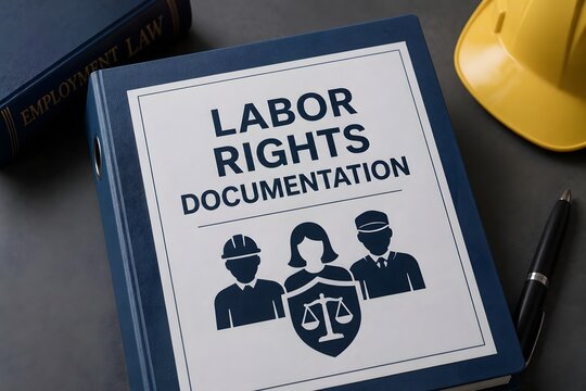 Labor Rights Documentation book with employment law book and hard hat for the concept of legal rights and workplace safety.