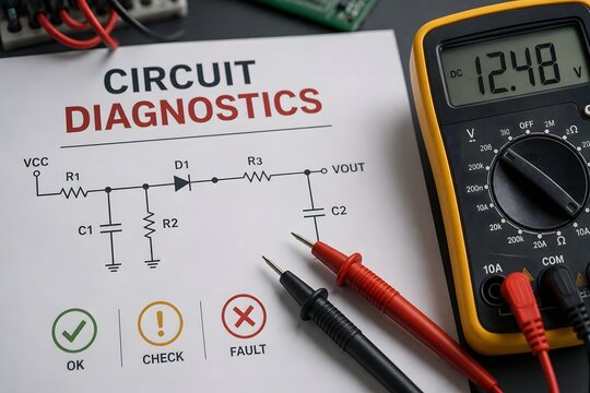 Circuit diagnostics with a multimeter and circuit diagram for the concept of electronic repair.