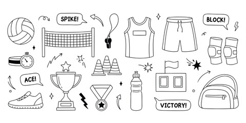 Naklejka premium Set of hand drawn volleyball equipment and sports elements doodles on a white background for design projects
