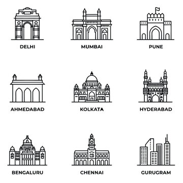 Set of outline icons featuring famous architectural landmarks and city skylines from major cities in India
