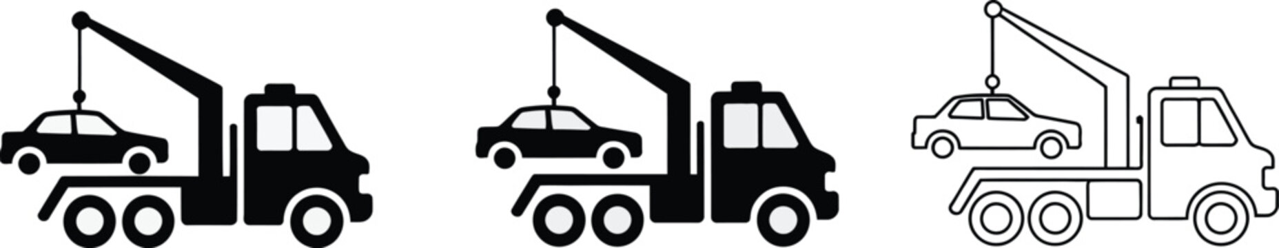 Tow Truck Icon Set Featuring Car Towing And Roadside Assistance Symbols, Emergency Vehicle Recovery, Transport Support, Flatbed Tow Truck, Hook Lift, And Automotive Service Graphics, Clean Vector.