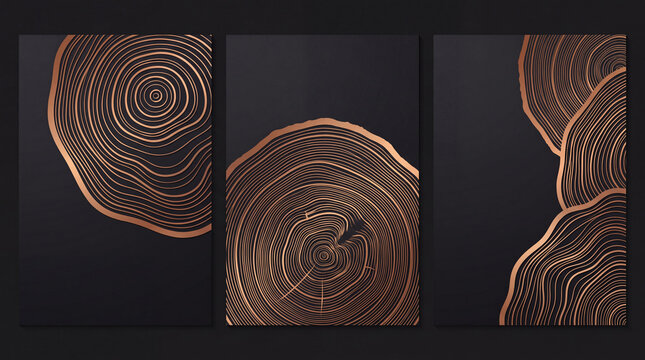 A set of three elegant abstract panels featuring copper rose gold tree ring line patterns against a matte dark gray background for modern interior design.