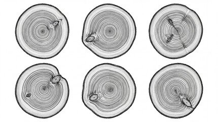 A collection of six detailed hand-drawn vector illustrations depicting tree trunk cross sections with visible growth rings and knots, isolated on white. © thiago