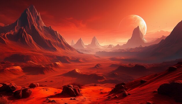 red landscape of mountains on the planet mars