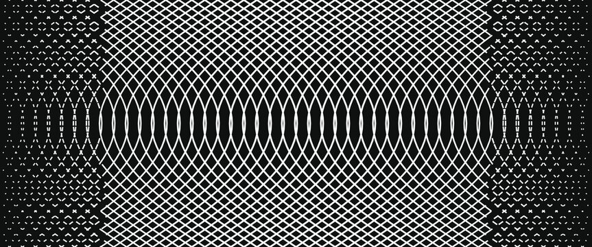 Black and white guilloche pattern with repeating diamond shapes and optical illusion effect geometric rhombus monochrome halftone texture design