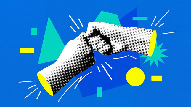 A vibrant pop art illustration featuring a fist bump on a blue background with colorful geometric shapes and halftone textures, representing teamwork and success.