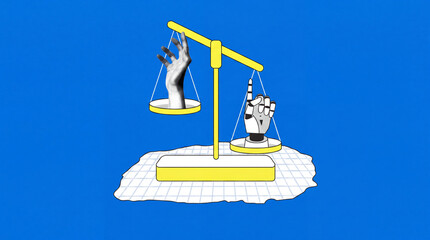 A conceptual graphic showing a human hand and a robotic hand balancing on scales, representing the choice or comparison between human labor and artificial intelligence. © thiago