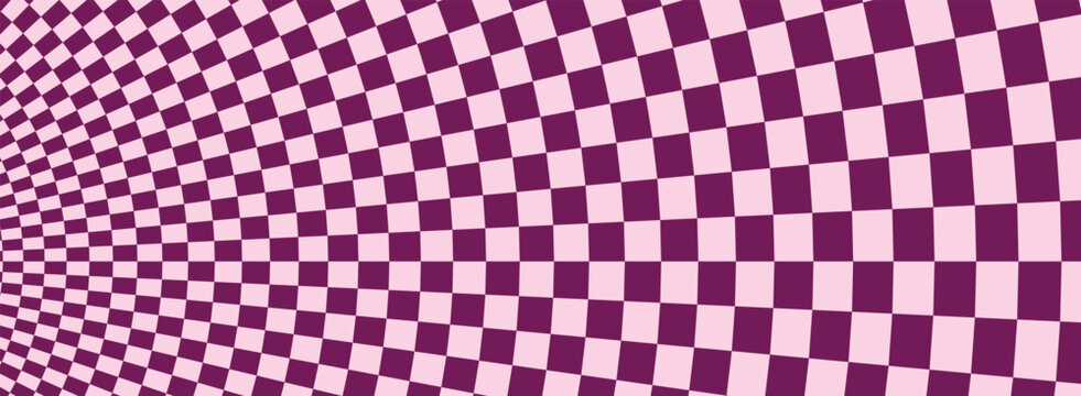 Warped checkerboard pattern in shades of magenta and pink creating a distorted visual effect checkered squares grid purple distortion