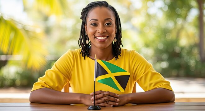 Jamaican Woman with Flag: A smiling Jamaican woman proudly displays her national flag, a symbol of heritage and pride, set against a backdrop of lush greenery.