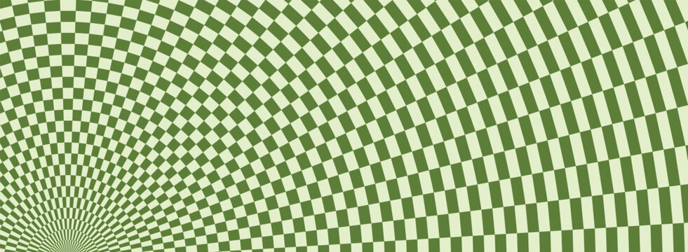 Warped checkerboard pattern in shades of green creating a distorted visual effect with converging lines checkered grid squares geometric
