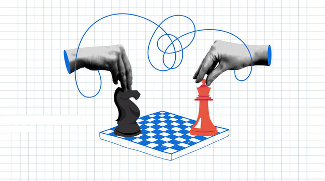 A conceptual collage illustration featuring hands moving chess pieces on a board, symbolizing strategy, competition, decision-making, and critical business thinking.