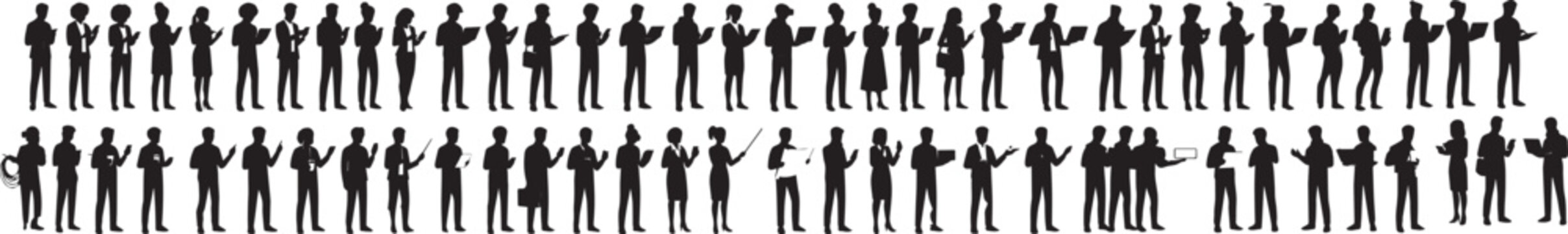 Set of black silhouettes of diverse people standing, holding tablets, laptops, smartphones, and documents in a row, isolated on white background
