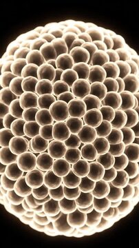 Microscopic embryo cells rapidly dividing into a dense morula stage on a black background