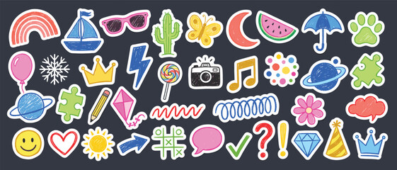 Fototapeta premium Colorful Sticker Pack Vector Set with Rainbow, Sailboat, Cactus, Butterfly, Watermelon and Party Elements for Kids and Summer Design