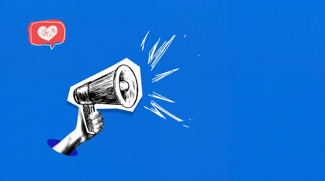 A creative collage illustration featuring a hand holding a megaphone and a social media love heart icon, symbolizing communication, influence, and engagement.