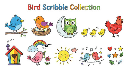 Naklejka premium Collection of cute bird doodle illustrations in vibrant colors featuring songs birds owl nest chicks and birdhouse for nature themed kids craft design projects.