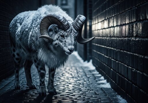 A furred horned creature covered in snow stands in a dark cobblestone alley at night, evoking ancient winter folklore and eerie mystery, spooky, supernatural, eerie