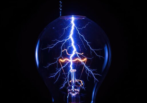 A glass electric light bulb glows intensely as a vibrant blue lightning bolt strikes inside, casting brilliant light on a dark background, glass, filament, discharge
