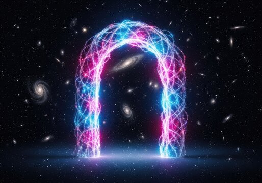 A glowing celestial archway opens into a vibrant swirling nebula, casting mystical light across a starlit void where distant galaxies shine, abstract, light, energy