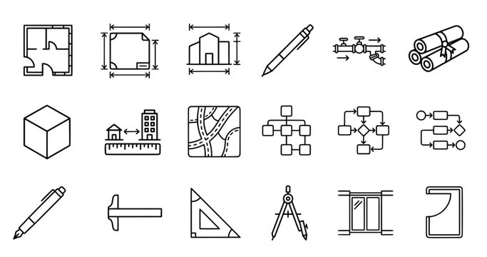 Blueprint and technical drawing line icon set. Containing floor plan, elevation, cross section, drafting tools, architectural plan, engineering schematic, and more. Editable stroke. Vector Art.