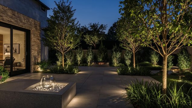 Evening Gathering Around a Fire Pit in a Home Backyard in a Residential Area