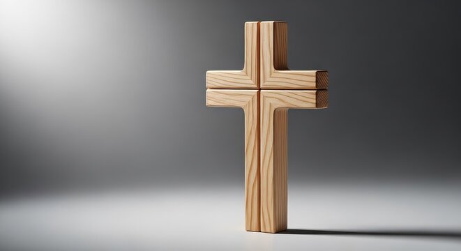 A simple handmade wooden cross stands against a neutral gray background, highlighting the natural grain and texture of the light timber wood, simple, brown, rustic